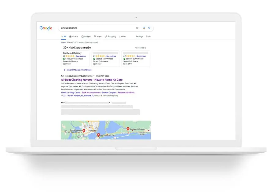 HVAC pay-per-click search results