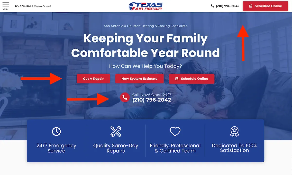 Call to Actions on an HVAC Web Design