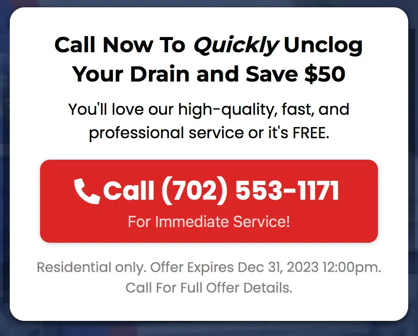 Call-to-action box offering $50 off drain unclogging, with a large click-to-call button