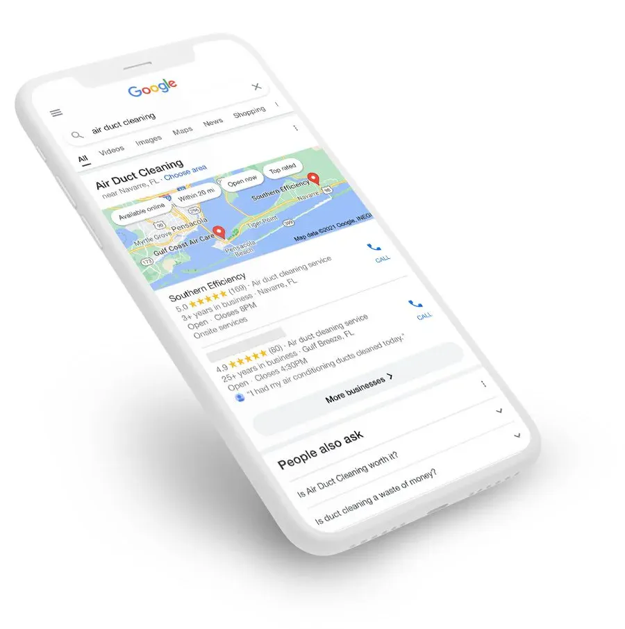 Google local search results on a phone, with the map pack listing nearby air duct cleaning companies