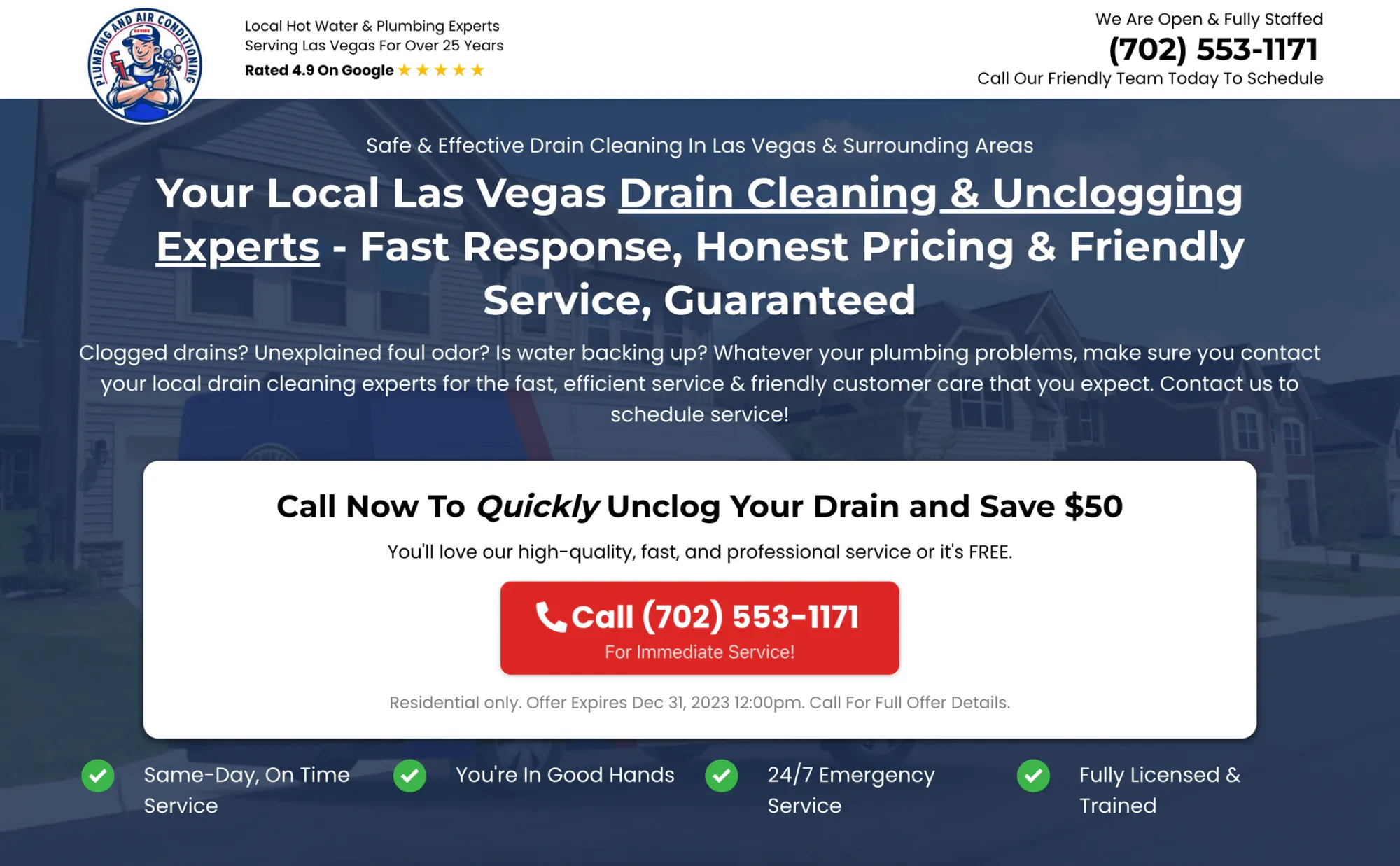 Plumbing landing page hero with a local headline, a $50-off offer and a red click-to-call button