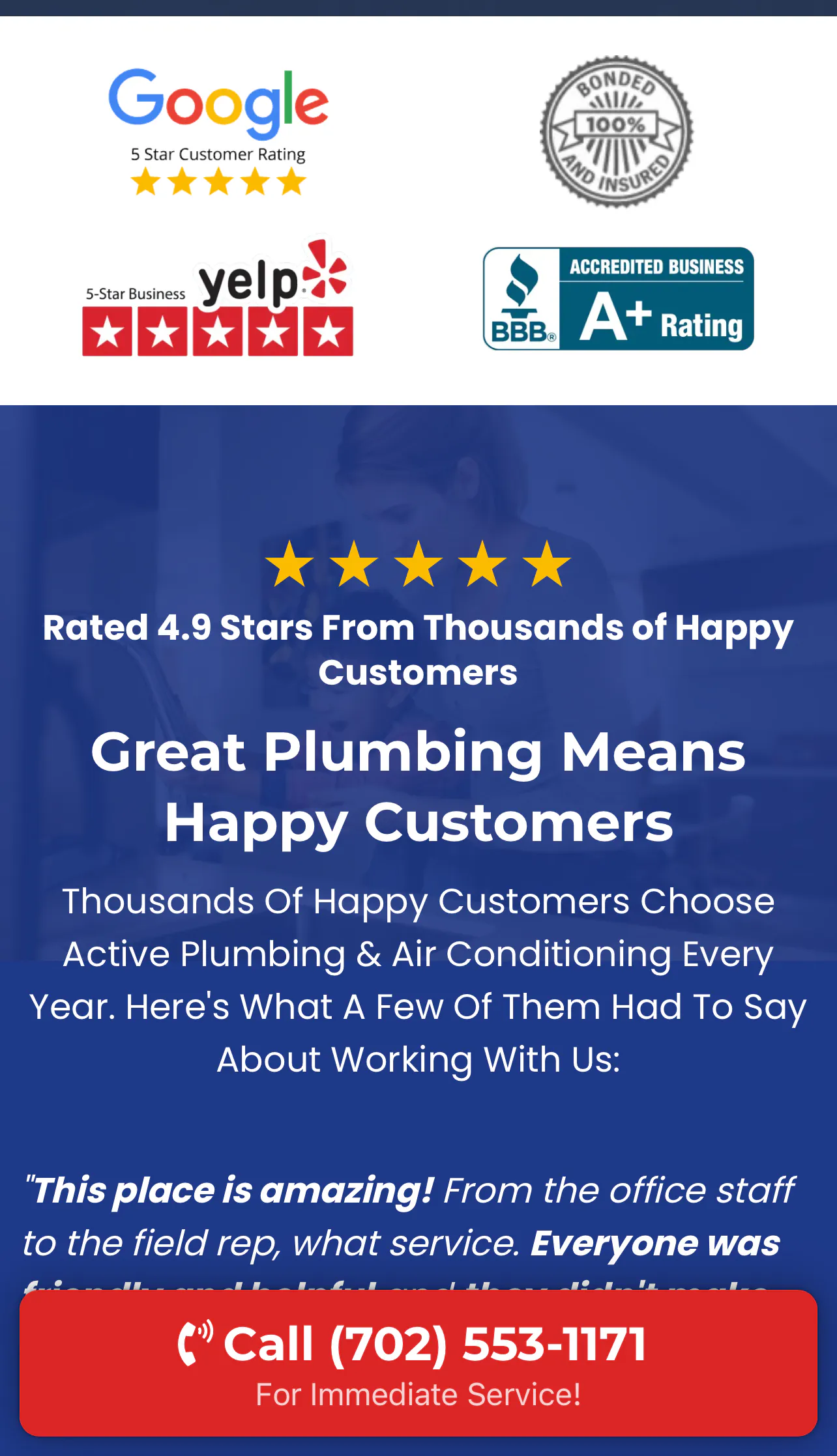 Mobile landing page with Google, Yelp and BBB rating badges above customer testimonials